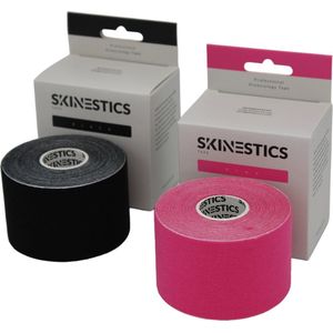Skinestics Kinesiologie tape – Sport tape – Fysio tape – Kleur Zwart + Roze – nu 20% langer, 600 cm lang bij 5 cm breed, 170% rekbaar gelijk aan menselijke huid, standaard voorzien van extra sterke lijm, katoen, voor het hele lichaam, medical taping