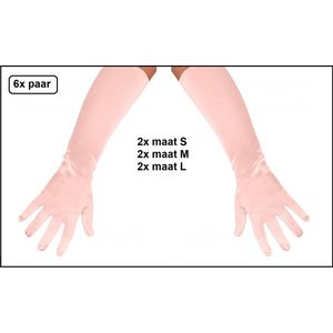 6x Paar Handschoenen satijn 40cm roze assortie maten - mt.S, mt.M en mt.L - Carnaval gala thema feest party festival