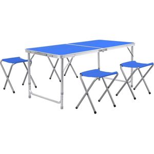 Vouwtafel Set van 5 Stuks - Aluminium Campingtafel 120 cm - Opvouwbaar met 4 Krukken - Buitenmeubilair - Picknicktafel en Stoelen - Draagbaar - Opvouwbare tafel 120 x 60 x 70 cm - Blauw