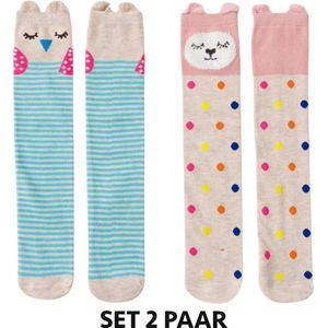 Set 2 paar kniekousen meisjes – lange sokken - beertje stippen - uil strepen – meisjessokken – 6-12 jaar – 100 % elastisch katoen