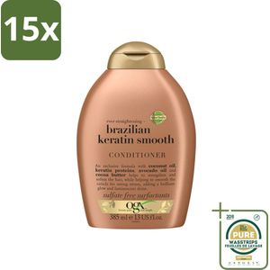 15 x OGX - Brazilian Keratin Smooth - Conditioner - Gladmakend - Herstellend - 385 ml - Grootverpakking - Keratine Conditioner - Haar Verzorging - Haar Herstel - Pluisvrij Haar - Droog Haar Verzorging