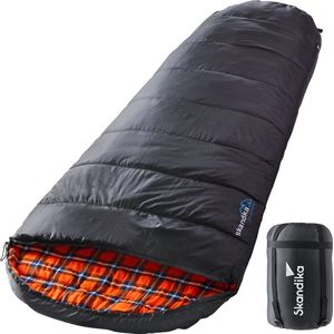 Skandika Vegas XXL Flannel-R Slaapzak – Mummieslaapzakken – Slaapzakken volwassen – Maat XXL – Unisex - Katoen, luxe kwaliteit, koppelbaar, 3 seizoenen, 220 x 110 cm, -12° tot -15°C, Outdoor kampeerslaapzak – Ritssluiting rechts - zwart