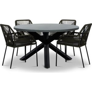 BUITEN living Meran/Seville olijfgroen dining tuinset 5-delig | betonlook + touw | 135cm rond | 4 personen