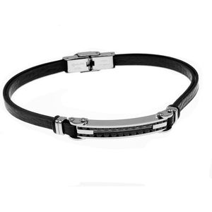 Zwarte Armband Heren met Plaat - Leren - RVS Zilver en Zwarte Kleur