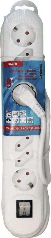Scanpart - Stekkerdoos - Wit - 8-voudig - 1.5 meter - Met Schakelaar - 4 Randaarde + 4 Euro Aansluitingen