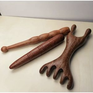 Houten Massage Set 4 delig - Inclusief Massageolie - Spierontspanning & Body Sculpting - Guasha Massage - Houten Lichaamsmassage Rollers - Accupunctuur Massage Stok - Voetmassage - Hoofdmassage - Massage Roller Hout