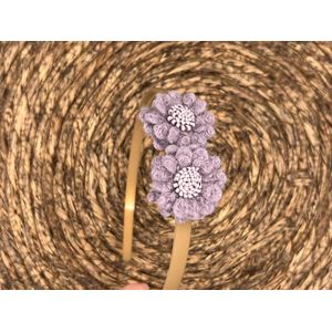 Diadeem wol flower - wollen bloemen - khaki kleur diadeem - lila