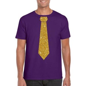Toppers Paars fun t-shirt met stropdas in glitter goud heren L