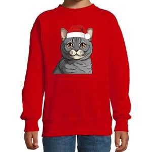 Bellatio Decorations Kersttrui / sweater kat/poes - kinderen - grijze kat/poes - rood - kerstmuts - Kerstmis 98/104