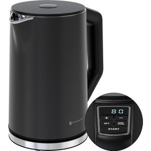 KitchenBrothers Waterkoker - Elektrisch - 1,5L - 2200W - Instelbare Temperatuurregeling - Dubbelwandig - Waterkoker RVS - Zwart