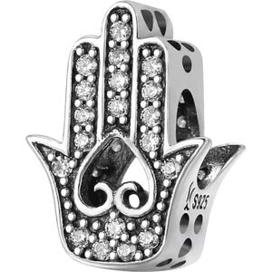 Geloof en Geluk - Zilveren bedels - Bedel Hand van Fatima | Hamsa hand | 925 Sterling Zilver - Geschikt voor alle merken - 925 Zilver Certificaat - Tip Moederdag