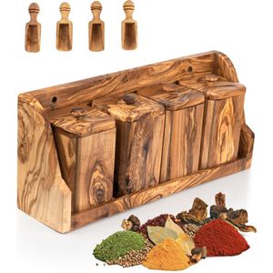 4-Delig Kruidenrek Set – Kruidenrek Ophangbaar – Kruidenrek Staand – Keuken Accessoires – Kruidenpotjes - 100% Natuurlijk Olijfhout