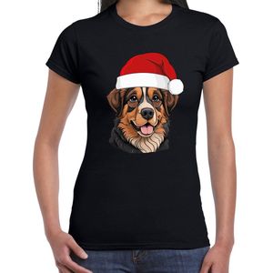 Bellatio Decorations Kerst T-shirt voor dames - Berner Senne hond - met kerstmuts - zwart - Kerstfeest XS