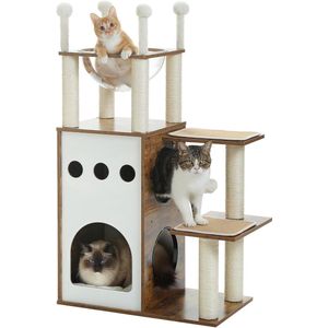 Kattenu MeowPalace krabpaal hout voor katten XXL - Bruin - 108 cm hoog - kattenmeubel met krabpalen - Met kattenhuisje