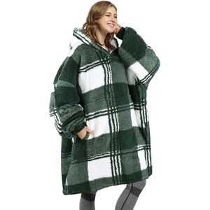 Oversized hoodie-deken, Sherpa sweatshirt, super zachte warme draagbare deken, Giant Hoodie Front Giant Pocket Sweater volwassenen mannen vrouwen buffelgeruit groen