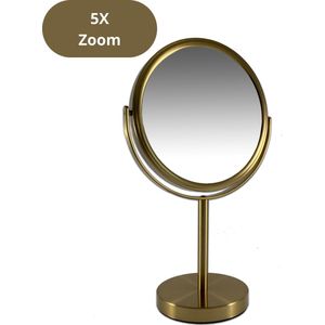 Metalen make up spiegel mat Goud -stand spiegel 5x vergroting - Ø18cm - scheerspiegel - cosmeticaspiegel - schoonheidsspiegel - badkamer spiegel - makeup - make up