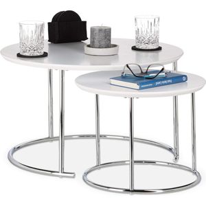 Ronde bijzettafels - salontafel - set van 2 stuks - kleine matte salontafel - 60 x 60 x 35 cm - kleine matte salontafel, nesttafels, hout en metaal- wit