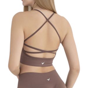 Sportbeha met spaghettibandjes en gekruiste rug –Uitneembare pads - Sporttop - Sportkleding - Bruin - Maat XS/S
