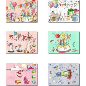 Vrolijke Wenskaarten - Verjaardagskaart - Set van 12 stuks - Kaartje met een staartje - Felicitatie - Feest - Uitnodiging - Zonder tekst - Vrolijk - Leuk - Kinderen - Slingers - Balonnen - Taart - Verjaardagskaartjes - Ansichtkaart