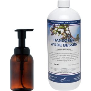Zeepdispenser 300 ml amber bruin hervulbaar + 1 liter Handzeep Wilde Bessen navulling