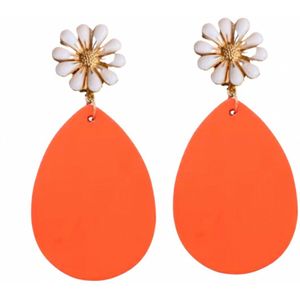 Clip oorbellen- madelief -oranje hout-geen gaatje- Charme Bijoux