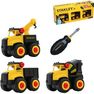 Stanley Speelgoed Vrachtwagens - Kraanwagen - Laadwagen - Cementmixer - 28 Stuks - STEM-Speelgoed - Incl. Schroevendraaier - Zwart/Geel