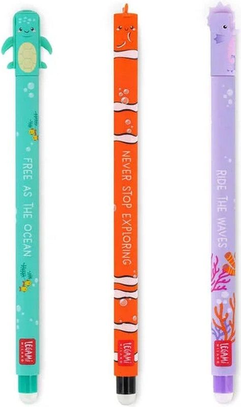 SET OF 3 ERASABLE GEL PENS - UNDER THE SEA - SEA TURTLE + CLOWNFISH + SEAHO LEGAMI