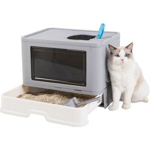 BingoPaw Kattenbak - Opvouwbare Grote Top-Entry Anti-Spat Kattenbak met Deksel - Gesloten Kap Katten Toilet - Lade Type Katten Toilet Gemakkelijk Schoonmaken met Schep Grijs