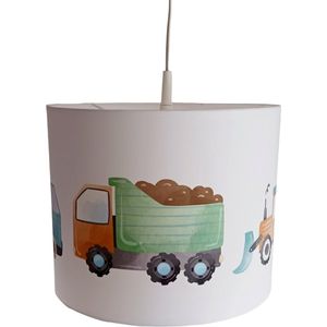Hanglamp voertuigen - lampen - hijskraan, tractor, betonwagen, kiepwagen - 30x30x24 cm - kinder & babykamer - kunststof - wit - excl. lichtbron