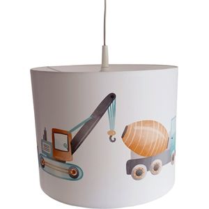 Hanglamp voertuigen - lampen - hijskraan, tractor, betonwagen, kiepwagen - 30x30x24 cm - kinder & babykamer - kunststof - wit - excl. lichtbron