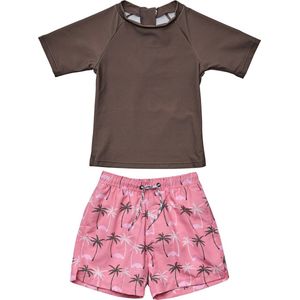 Snapper Rock - UV Zwemset voor baby's - Korte mouw - Palm Paradise - Bruin/Roze - maat 12-18 (76-83cm)