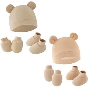 Set van 2 voor pasgeborenen: katoenen muts, sokken, wanten en babyslofjes - Baby winteraccessoires, hoofddeksels, wanten en sokkenset