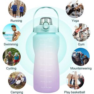 Drinkfles, waterfles, 2 liter, motiverende waterfles met rietje, grote sportwaterfles voor fitnessstudio, fitness, outdoorsporten, groen