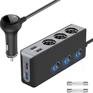 Sigarettenaansteker Splitter - Autolader Splitte - 12v Splitter - Sigarettenaansteker Verdeler - Aansteker Splitter - 12V/24V USB-autoadapter 120W DC 3 stopcontacten met drie onafhankelijke AAN/UIT 4 USB-poorten 8,5A