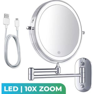 Make Up Spiegel met Led Verlichting - 10X Vergroting - Scheerspiegel - Wandspiegel Rond - Badkamer - Douche - Chroom