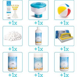 Alles-in-1 Zwembad Onderhoudspakket - bevat Chloor - PH-min - PH-plus - Filterbollen - Algen - Scrubborstel - Testrips - Chloordrijver en Strandbal (9-delig)