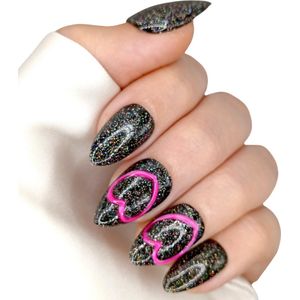 SD Press on Nails - No. 44 Electric Heart - Medium Stiletto - Zwart - Glitter - Neon Hartje - Plaknagels - Gelnagels - Handgemaakte Nagels - 20 stuks - Cosplay - Accessoires - (gel)Nagellak - Nagelstudio - Nail Art - Nagels met lijm - M Nageltips
