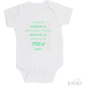 100% katoenen Romper ""Voor dit rompertje ben ik nog te klein maar wil je straks mijn oma zijn"" Unisex Katoen Wit/mint Maat 62/68