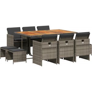 vidaXL Tuinset - 11-delig - Poly Rattan - Grijs Tuinset - Buitendecoratie - Lounge Set - Eetkamerset - PE-rattan