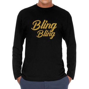 Bling bling longsleeve zwart met gouden glitter tekst heren - Glitter en Glamour goud party kleding shirt met lange mouwen XL