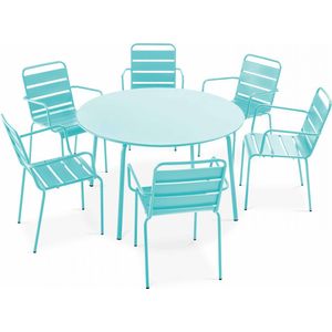 Oviala - Set van een ronde tuin tafel en 6 turquoise stalen fauteuils - Palavas