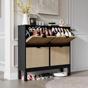 SureDeal® - Schoenenkast - Natuurlijk Rotan - 4 Klapladen - Vrijstaand - Modern - zwart