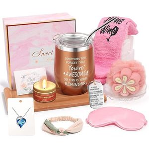 Luxueuze GIFT SET ROZE voor vrouwen, bevat: dubbelwandige vacuüm isolatie wijn beker met stro en deksel, 1* cupcake sokken, 1* geurkaars, 1* hoofdbanden, 1* sleutelhanger, 1* douchespons, 1* oogmasker, 1* ketting en 1* wenskaart, beste cadeau-idee