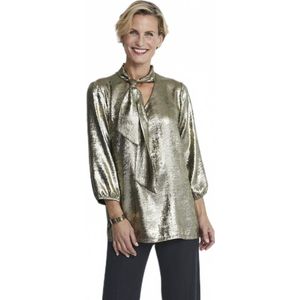 Tuniek in glanzende gouden stof met lavaliere