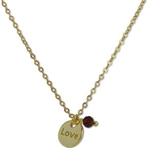 Silventi 9SIL-22323 Zilveren Ketting met Hangertje - Dames - 1 Granaat Kraaltje - 2,8 mm - Rondje - 7,8 mm Doorsnee - LOVE - Ankerschakel - 40 + 5 cm - 1,3 mm - Zilver - Gold plated (Verguld/Goud op Zilver)