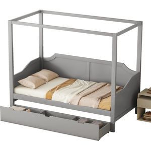 Merax Eenpersoonsbed 90x200 cm - Bed met Opbergruimte - Houten Hemelbed - Grijs