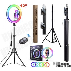 HiCHiCO® Ringlamp RGB MJ33 12inch - Verstelbaar statief 210cm & afstandsbediening - Studiolamp – Ring Light - Selfie Ringlight voor Telefoon - Statief - Tik tok - flitser – Make up light – Studiolamp