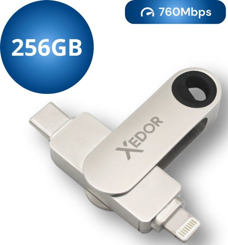 Xedor® Flex - USB Stick - 256 GB - 760Mbps - Lightning en USB C - iPhone en Android