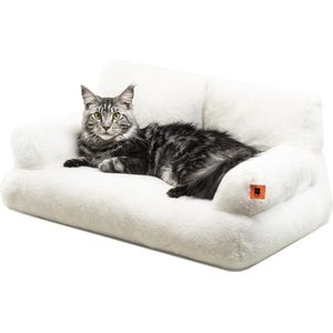 Kattenbed groot voor katten, 66 x 48 cm, pluizig en zacht, kattenbankbed voor middelgrote en kleine honden/katten, schattig kattenbed met antislip onderkant, wit