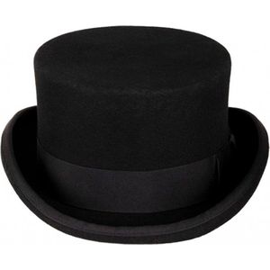 KIMU Luxe Hoge Hoed Zwart - Laag Model - Maat 59 - 100% Wol - Heren Dames Man Vrouw - Tophat Wolvilt Hoedje Circus Bruidegom Bruiloft Detective Gangster Pimp Festival